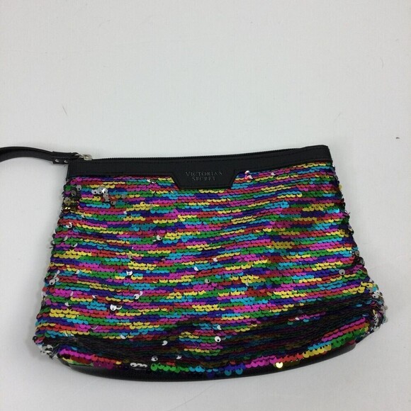 Victoria's Secret Black Silver Rainbow Sequin Makeup Cosmetic Bag Pouch Wristlet - Picture 1 of 7
